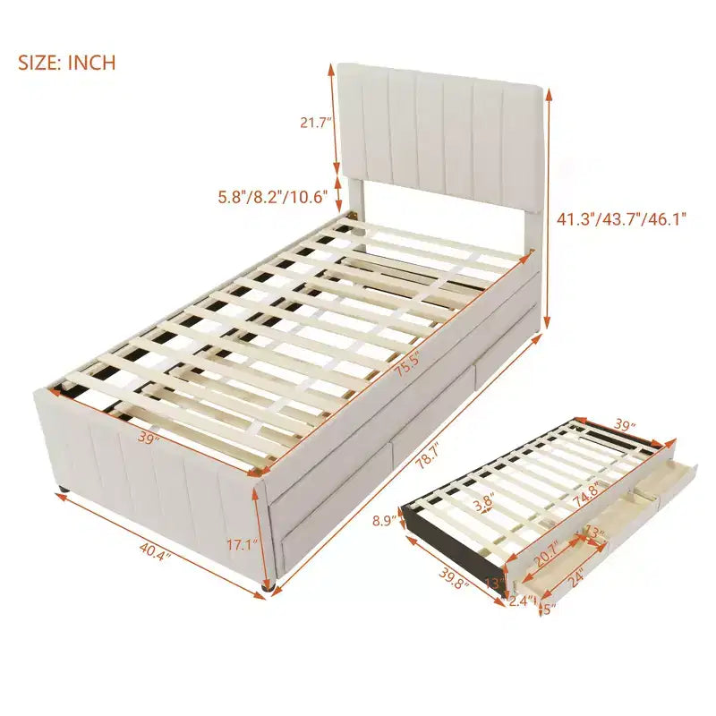 Letto a piattaforma imbottito Bellemave, una piazza e mezza, con letto estraibile e 3 cassetti portaoggetti, letto estraibile salvaspazio per piccole stanze