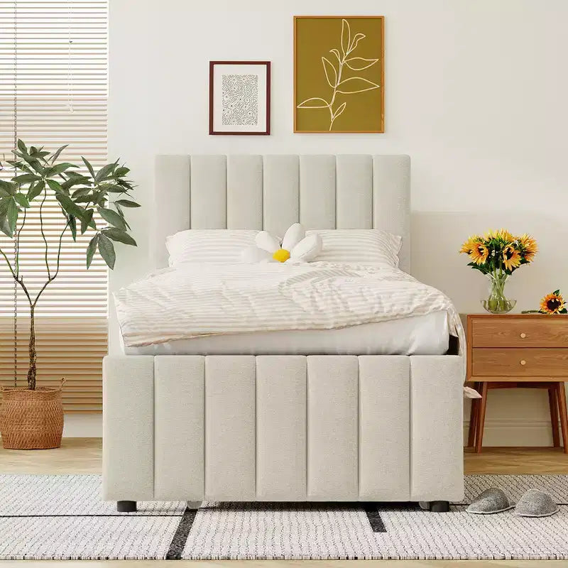 Letto a piattaforma imbottito Bellemave, una piazza e mezza, con letto estraibile e 3 cassetti portaoggetti, letto estraibile salvaspazio per piccole stanze