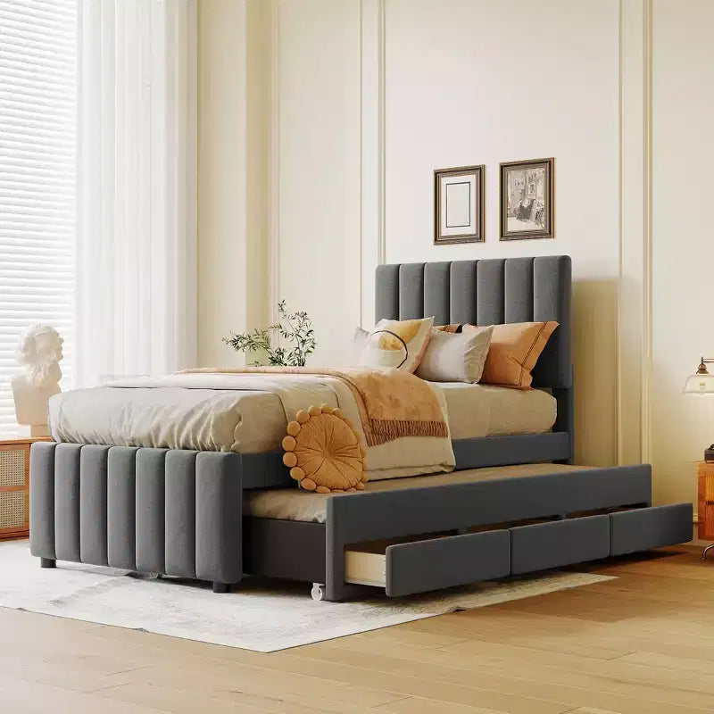 Letto a piattaforma imbottito Bellemave, una piazza e mezza, con letto estraibile e 3 cassetti portaoggetti, letto estraibile salvaspazio per piccole stanze