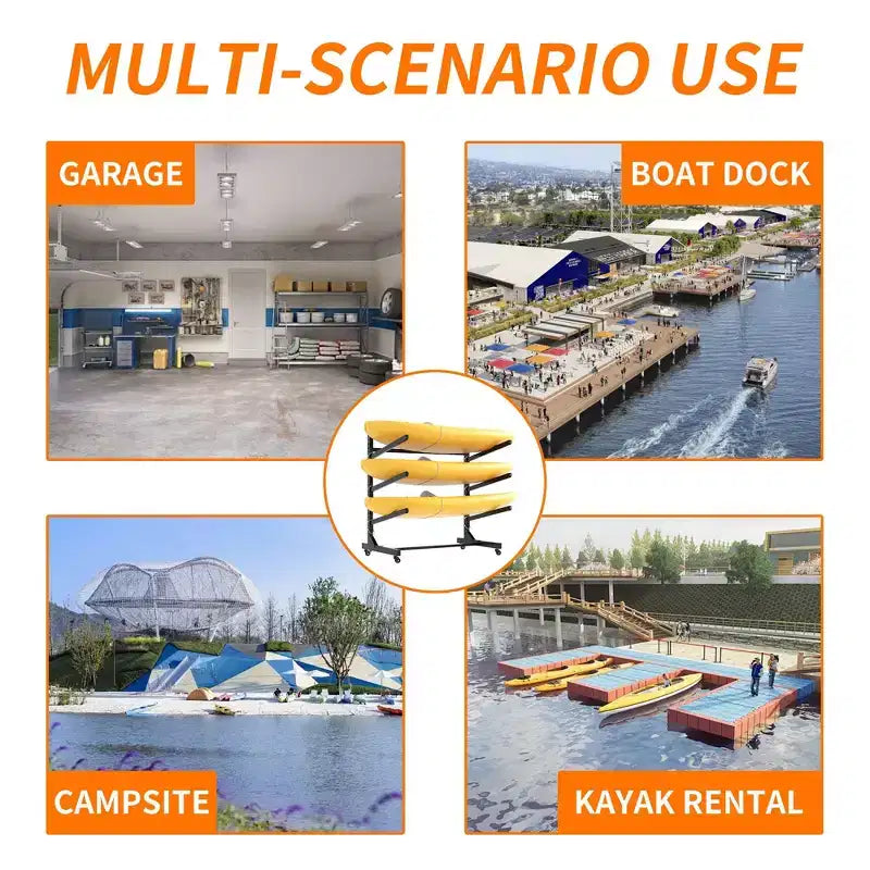 VIYET 41H Supporto autoportante per kayak, resistente e regolabile con ruote bloccabili, capacità 3 kayak/canoa/SUP/tavola da surf (nero)