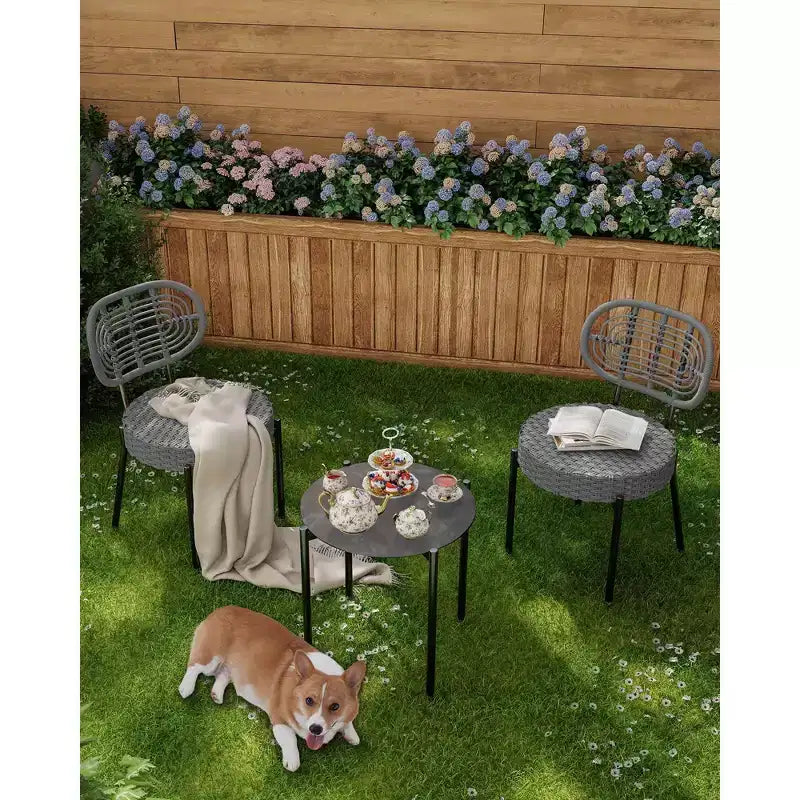 COZONY Set Bistro 3 Pezzi in Vimini per Patio, Set Mobili da Esterno con Sedie Rotonde in Rattan e Tavolino, Perfetto per Cortile, Giardino