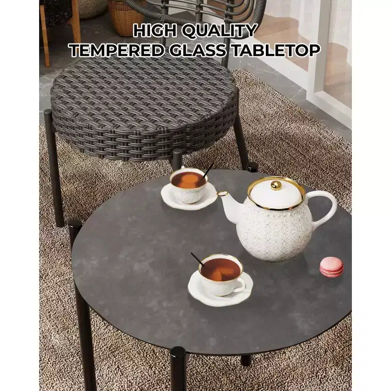 COZONY Set Bistro 3 Pezzi in Vimini per Patio, Set Mobili da Esterno con Sedie Rotonde in Rattan e Tavolino, Perfetto per Cortile, Giardino