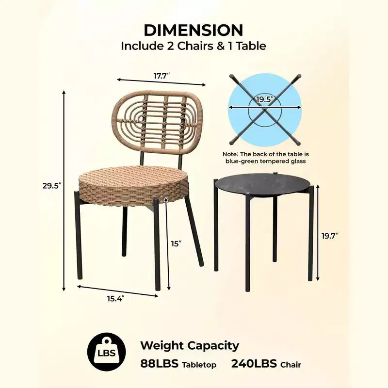 COZONY Set Bistro 3 Pezzi in Vimini per Patio, Set Mobili da Esterno con Sedie Rotonde in Rattan e Tavolino, Perfetto per Cortile, Giardino