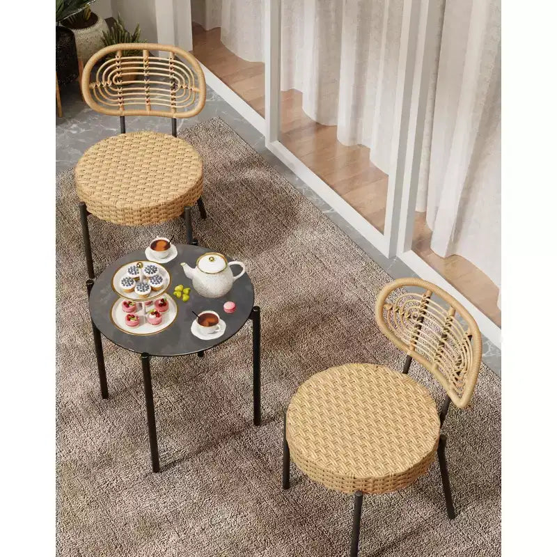COZONY Set Bistro 3 Pezzi in Vimini per Patio, Set Mobili da Esterno con Sedie Rotonde in Rattan e Tavolino, Perfetto per Cortile, Giardino