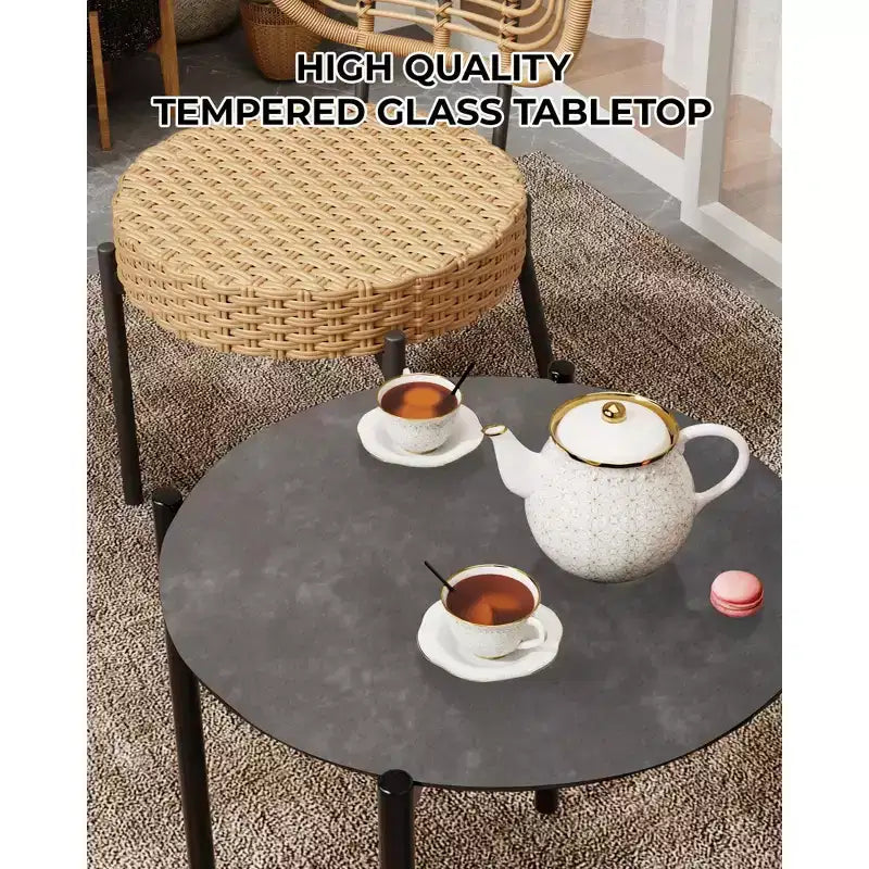 COZONY Set Bistro 3 Pezzi in Vimini per Patio, Set Mobili da Esterno con Sedie Rotonde in Rattan e Tavolino, Perfetto per Cortile, Giardino