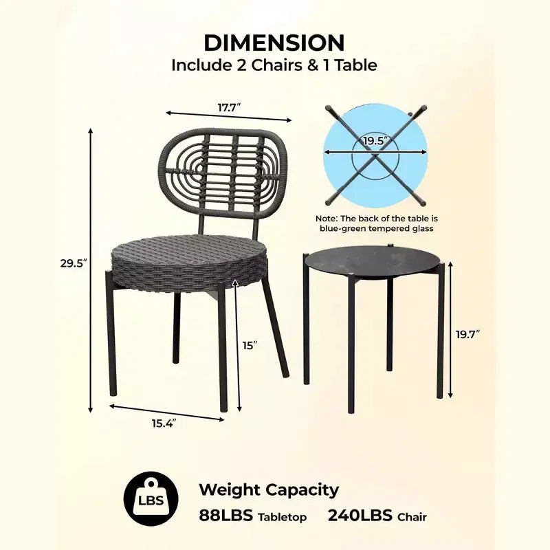 COZONY Set Bistro 3 Pezzi in Vimini per Patio, Set Mobili da Esterno con Sedie Rotonde in Rattan e Tavolino, Perfetto per Cortile, Giardino