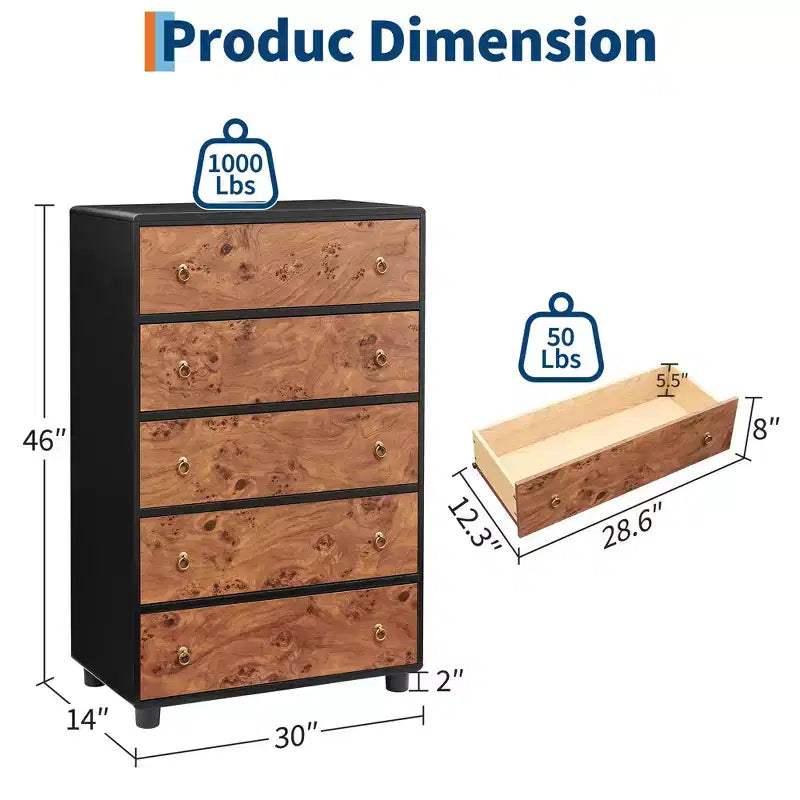 COZONY Cassettiera a 5 cassetti con profilo curvo, comò moderno alto 117 cm con venatura rovere naturale