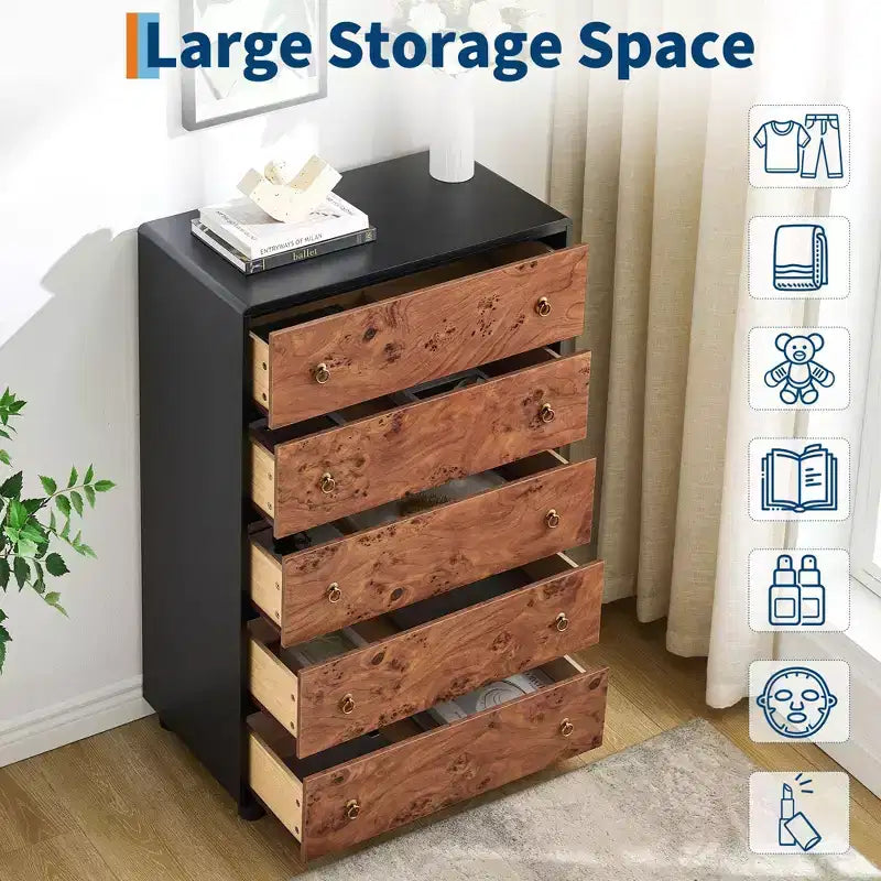 COZONY Cassettiera a 5 cassetti con profilo curvo, comò moderno alto 117 cm con venatura rovere naturale