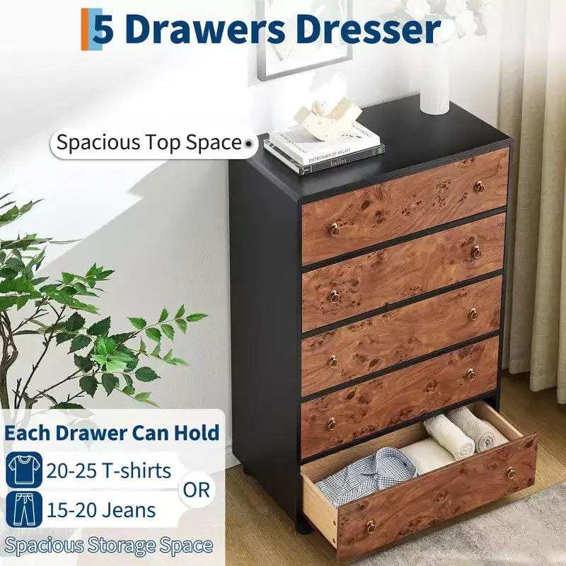 COZONY Cassettiera a 5 cassetti con profilo curvo, comò moderno alto 117 cm con venatura rovere naturale