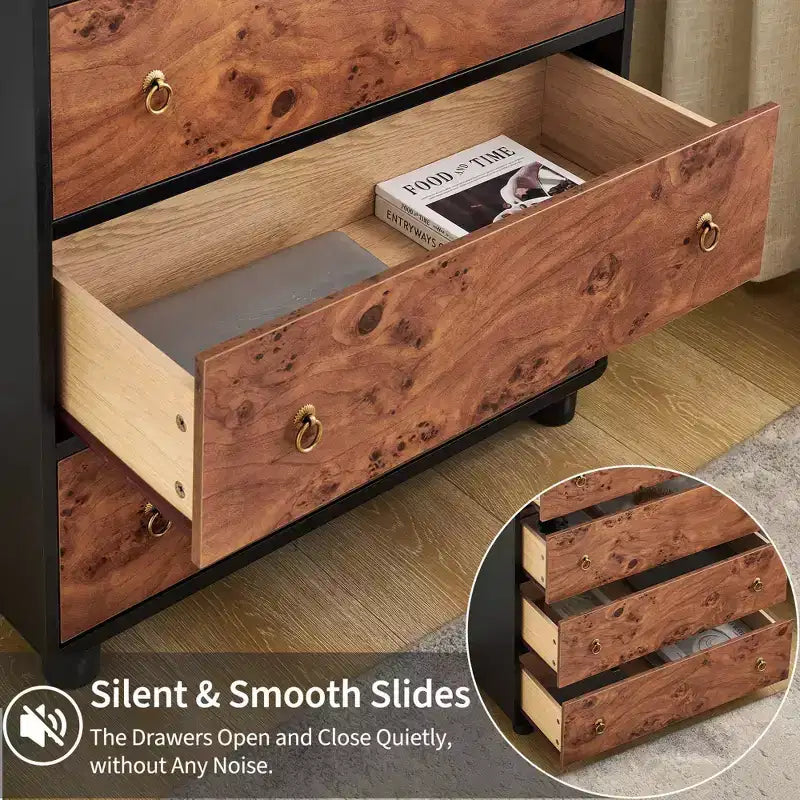 COZONY Cassettiera a 5 cassetti con profilo curvo, comò moderno alto 117 cm con venatura rovere naturale