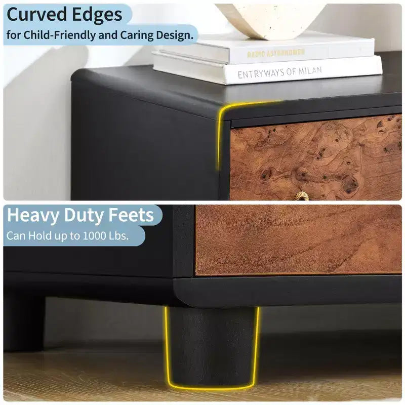 COZONY Cassettiera a 5 cassetti con profilo curvo, comò moderno alto 117 cm con venatura rovere naturale