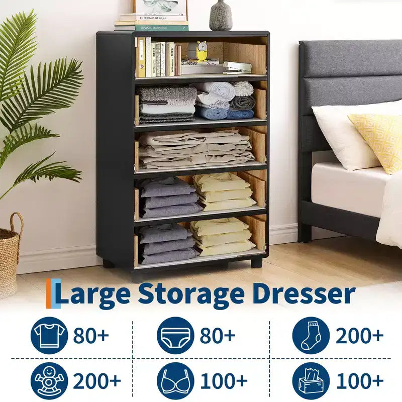 COZONY Cassettiera a 5 cassetti con profilo curvo, comò moderno alto 117 cm con venatura rovere naturale