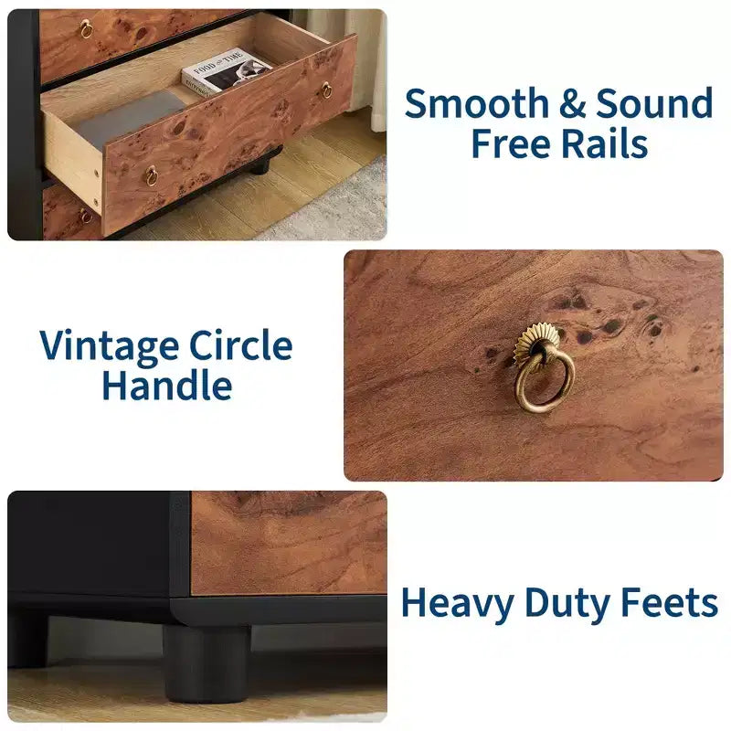 COZONY Cassettiera a 5 cassetti con profilo curvo, comò moderno alto 117 cm con venatura rovere naturale