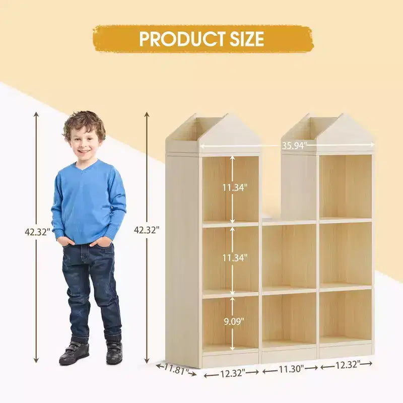 COZONY Libreria per Bambini con 8 Scomparti, Organizer Porta Giocattoli in Legno, con Design a Tetto per Sala Giochi Cameretta