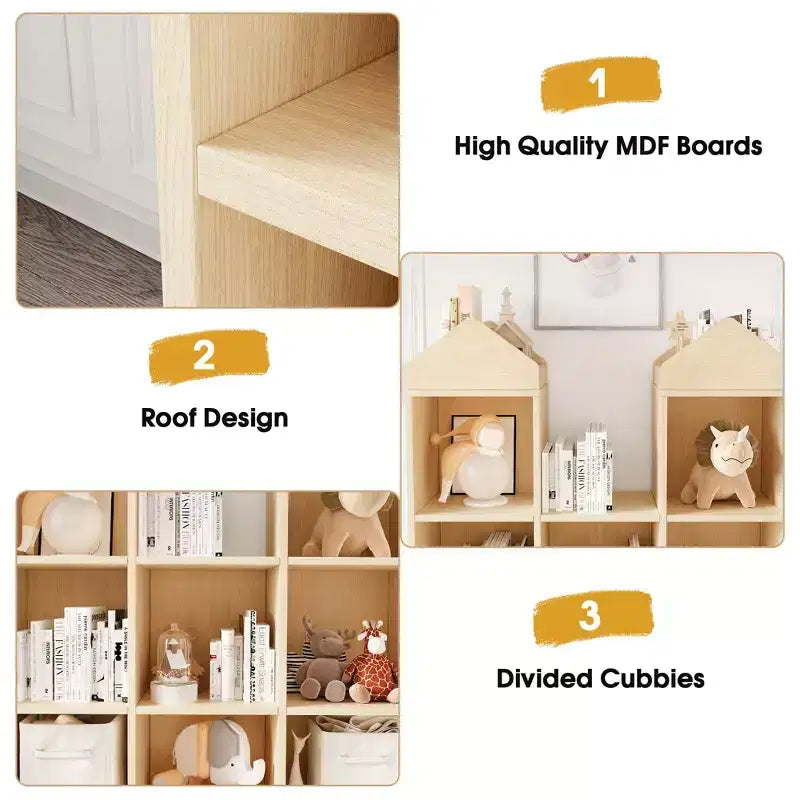 COZONY Libreria per Bambini con 8 Scomparti, Organizer Porta Giocattoli in Legno, con Design a Tetto per Sala Giochi Cameretta