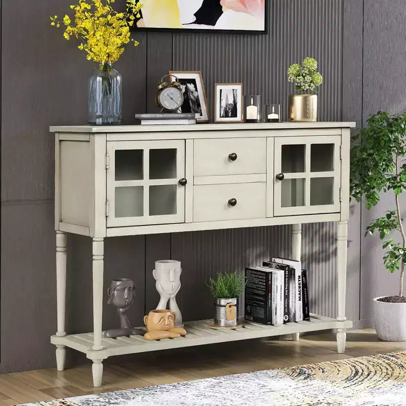 Consolle in stile rustico con legno e vetro, credenza buffet con cassetti e ripiano per soggiorno, corridoio, ingresso