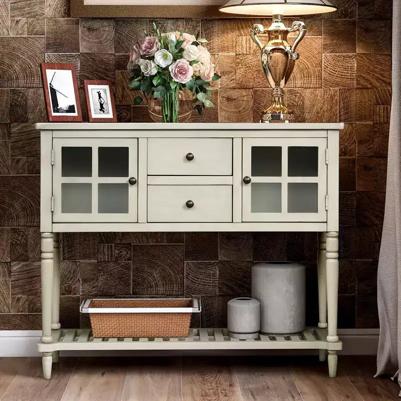 Consolle in stile rustico con legno e vetro, credenza buffet con cassetti e ripiano per soggiorno, corridoio, ingresso