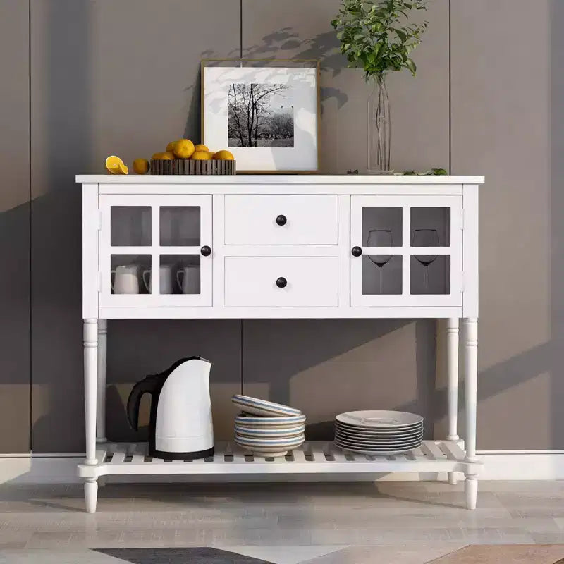 Consolle in stile rustico con legno e vetro, credenza buffet con cassetti e ripiano per soggiorno, corridoio, ingresso