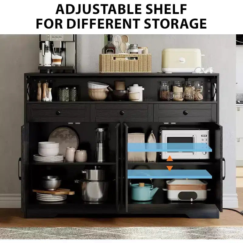 Credenza da Buffet Nera in Stile Rustico con Ripiano e Stazione di Ricarica Integrata, Mobile Bar Grande da 51 Pollici, per Soggiorno, Sala da Pranico