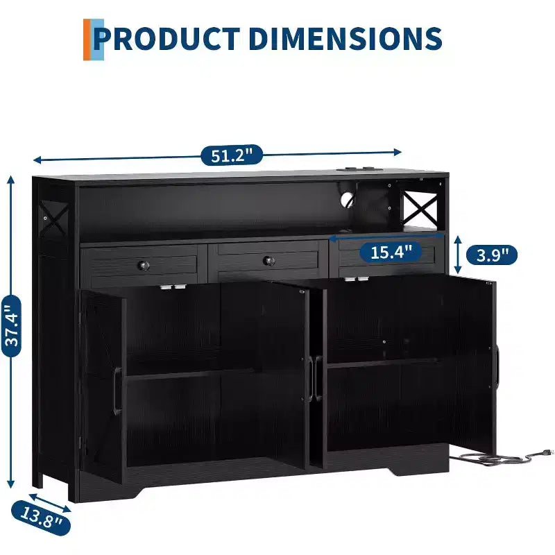 Credenza da Buffet Nera in Stile Rustico con Ripiano e Stazione di Ricarica Integrata, Mobile Bar Grande da 51 Pollici, per Soggiorno, Sala da Pranico