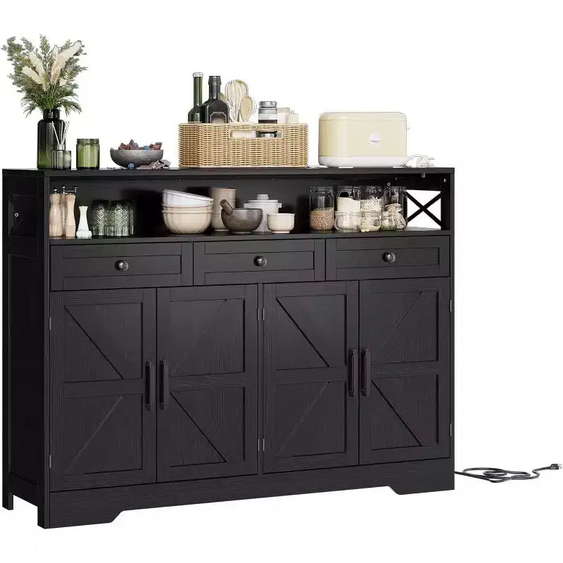 Credenza da Buffet Nera in Stile Rustico con Ripiano e Stazione di Ricarica Integrata, Mobile Bar Grande da 51 Pollici, per Soggiorno, Sala da Pranico