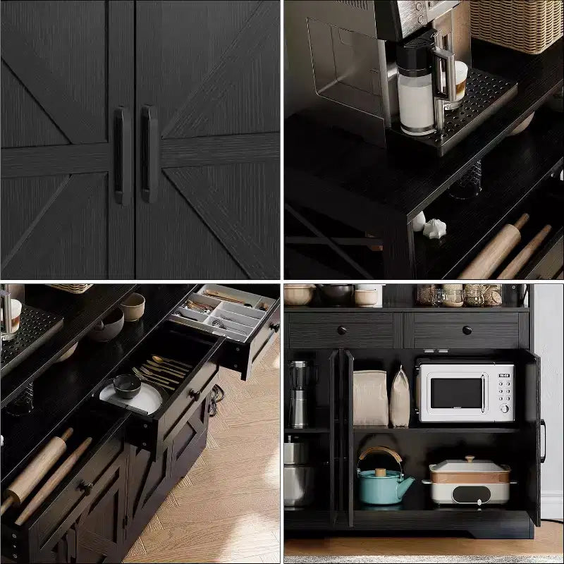 Credenza da Buffet Nera in Stile Rustico con Ripiano e Stazione di Ricarica Integrata, Mobile Bar Grande da 51 Pollici, per Soggiorno, Sala da Pranico