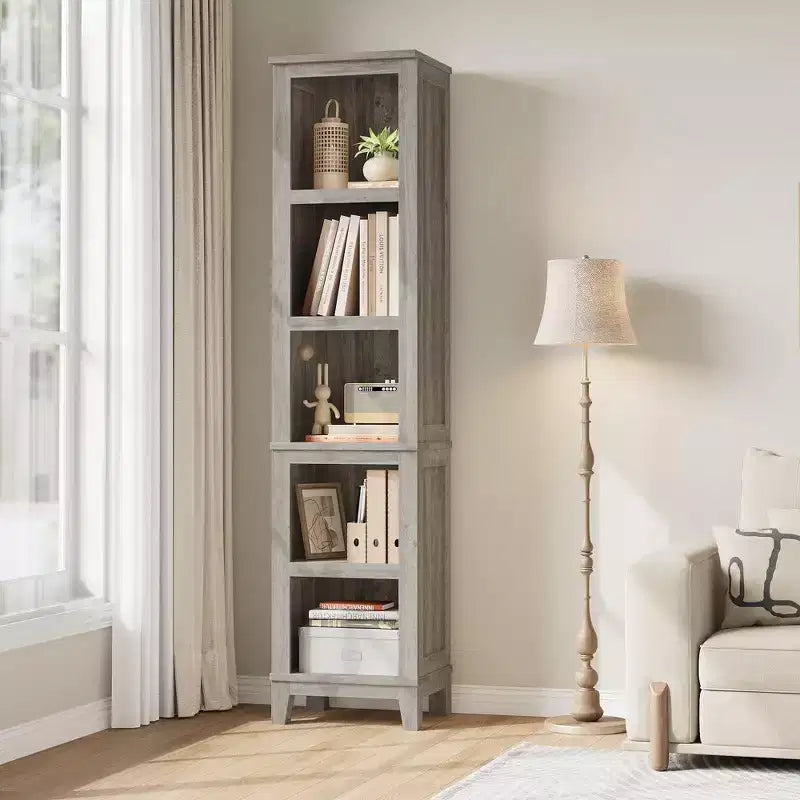 COZONY 70 Libreria stretta a 5 ripiani, scaffale alto e sottile in legno con ripiani aperti per soggiorno e ufficio