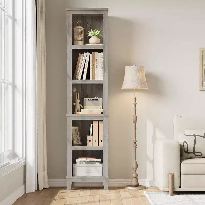 COZONY 70 Libreria stretta a 5 ripiani, scaffale alto e sottile in legno con ripiani aperti per soggiorno e ufficio