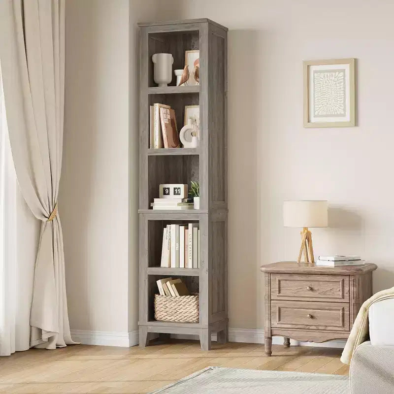 COZONY 70 Libreria stretta a 5 ripiani, scaffale alto e sottile in legno con ripiani aperti per soggiorno e ufficio