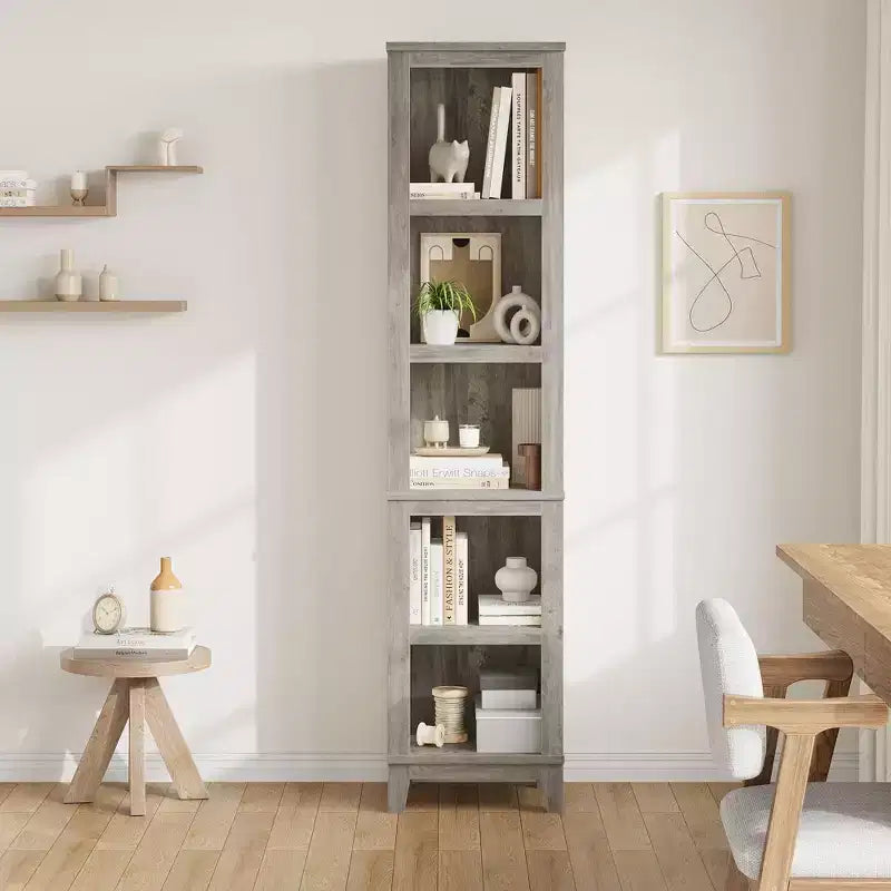 COZONY 70 Libreria stretta a 5 ripiani, scaffale alto e sottile in legno con ripiani aperti per soggiorno e ufficio