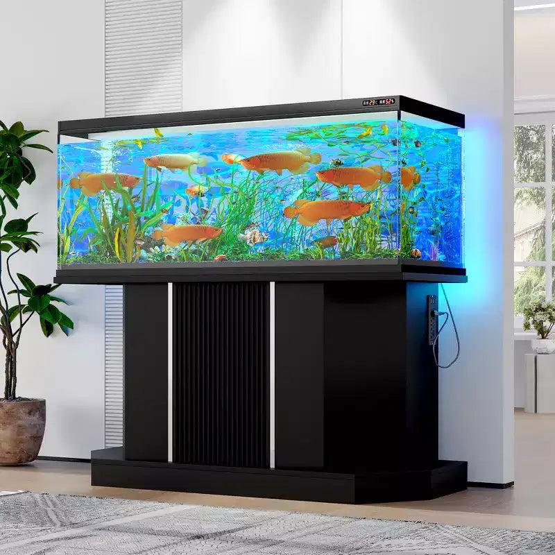 Supporto per acquario da 55-75 galloni, resistente capacità 880 libbre con 4 porte AC e 2 porte USB e vano portaoggetti, supporto per acquario nero - ModernLuxe
