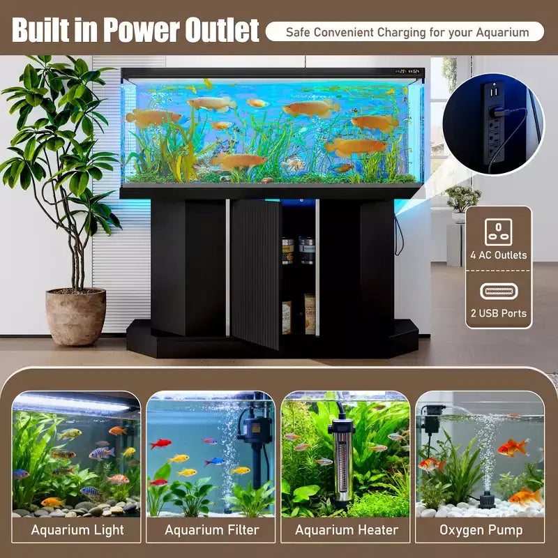 Supporto per acquario da 55-75 galloni, resistente capacità 880 libbre con 4 porte AC e 2 porte USB e vano portaoggetti, supporto per acquario nero - ModernLuxe