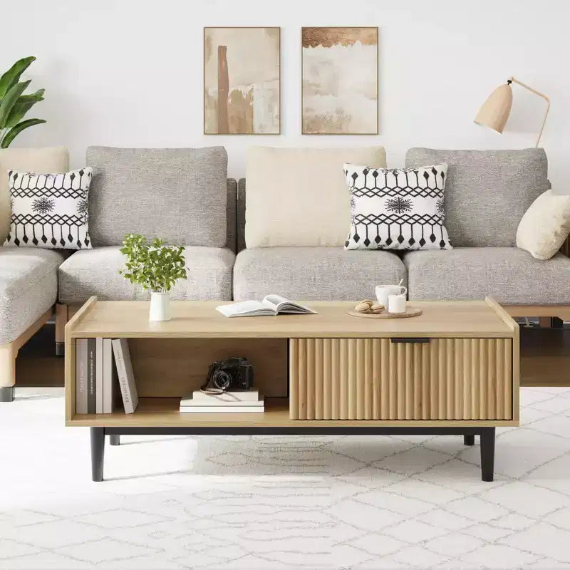 Mid-Century Modern Cocktail Table with Storage Drawer, Light Wood Grain Rectangle Living Room Center Table and Open Shelf