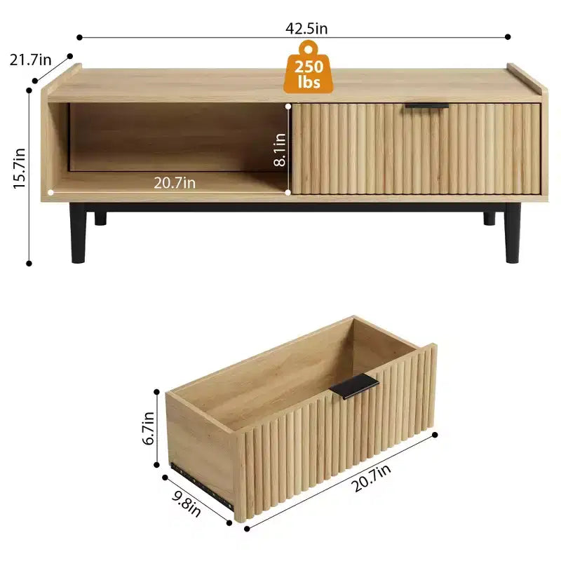 Tavolino da cocktail moderno di metà secolo con cassetto portaoggetti, tavolo centrale rettangolare in soggiorno con venatura del legno chiaro e ripiano aperto