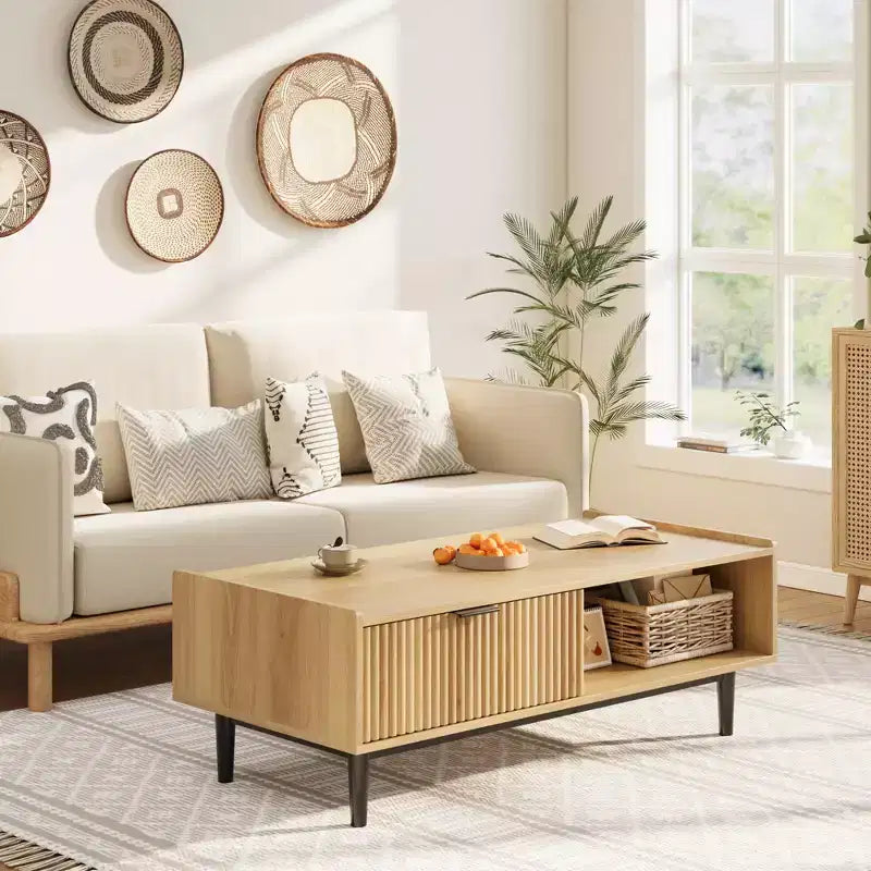 Tavolino da cocktail moderno di metà secolo con cassetto portaoggetti, tavolo centrale rettangolare in soggiorno con venatura del legno chiaro e ripiano aperto