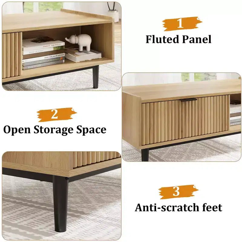 Tavolino da cocktail moderno di metà secolo con cassetto portaoggetti, tavolo centrale rettangolare in soggiorno con venatura del legno chiaro e ripiano aperto