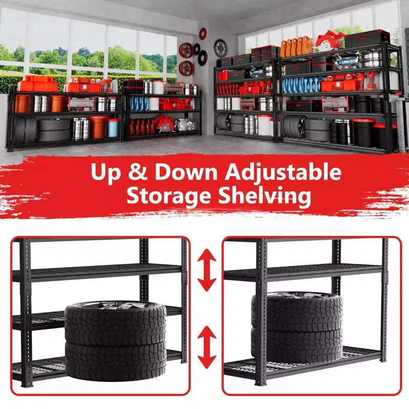 Scaffalatura da Garage Resistente 122cm L x 46cm P x 183cm H - Capacità di Carico 1134 kg, Ripiani Metallici Regolabili, Organizzatore Durevole