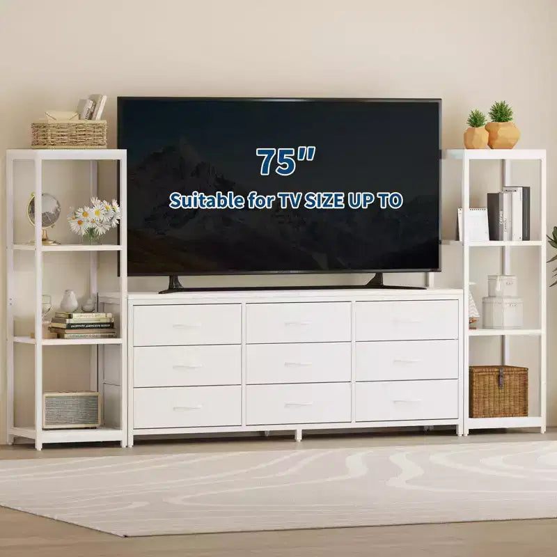 Mobile TV Acekool per TV da 75 pollici, mobile multimediale moderno con luci LED, prese di corrente, 6 cassetti e mensole, nero