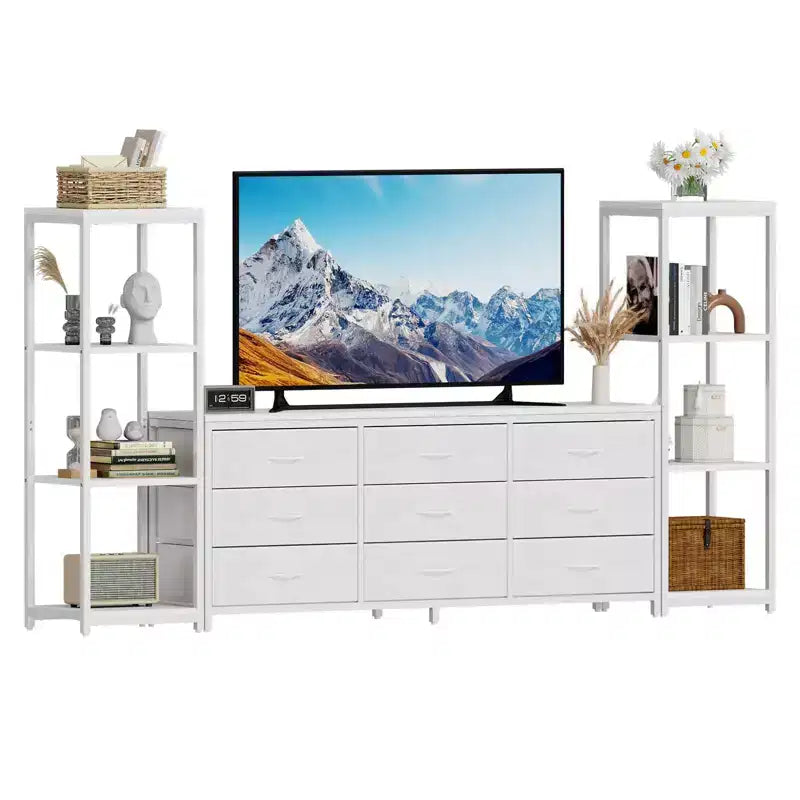 Mobile TV Acekool per TV da 75 pollici, mobile multimediale moderno con luci LED, prese di corrente, 6 cassetti e mensole, nero