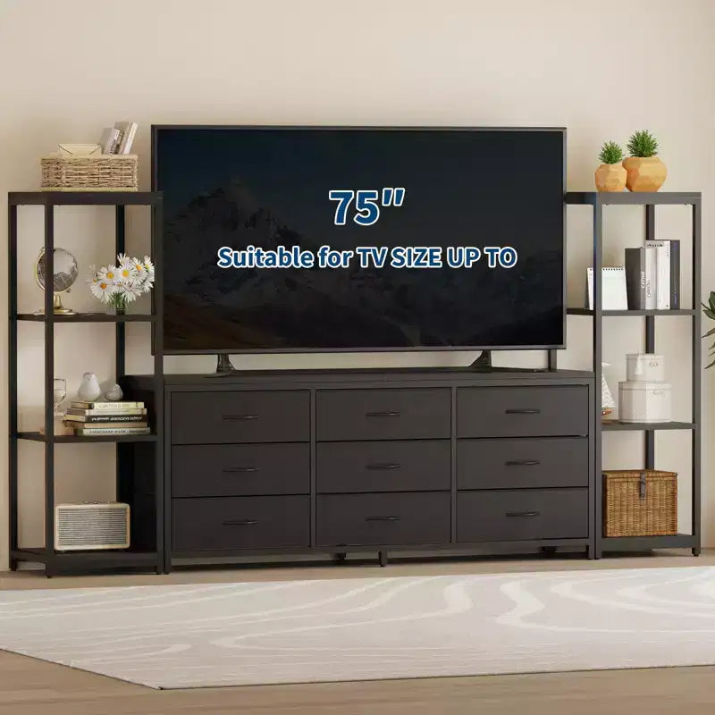 Mobile TV Acekool per TV da 75 pollici, mobile multimediale moderno con luci LED, prese di corrente, 6 cassetti e mensole, nero