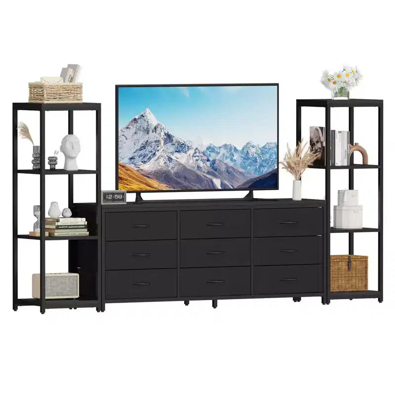 Mobile TV Acekool per TV da 75 pollici, mobile multimediale moderno con luci LED, prese di corrente, 6 cassetti e mensole, nero