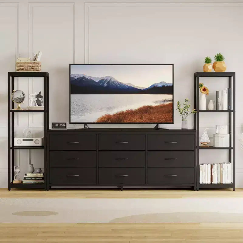 Acekool TV Stand for 75 Inch TV, Modern Entertainment Center with LED Lights, Power Outlets, 6 Drawers & Bookshelves, Black