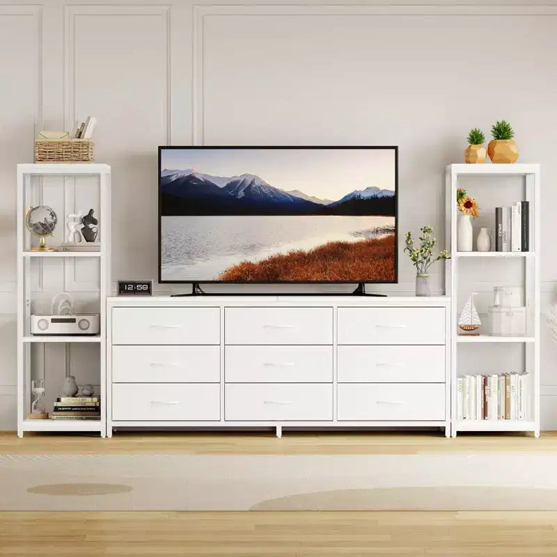 Mobile TV Acekool per TV da 75 pollici, mobile multimediale moderno con luci LED, prese di corrente, 6 cassetti e mensole, nero