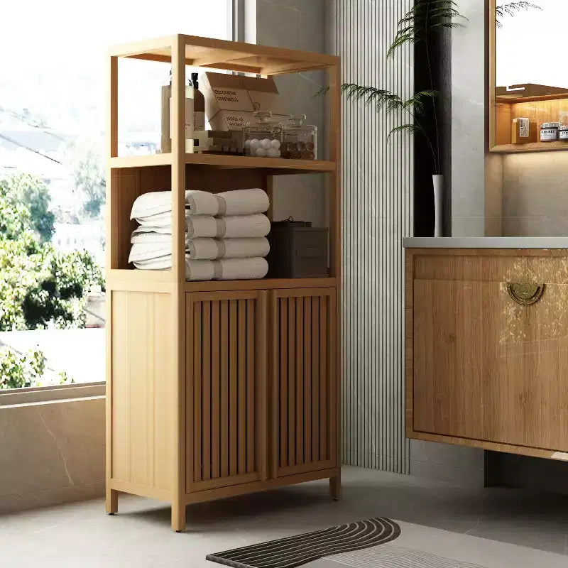 sumyeg Armadietto autoportante in bambù con 2 ante, mobile contenitore versatile per bagno, cucina, soggiorno