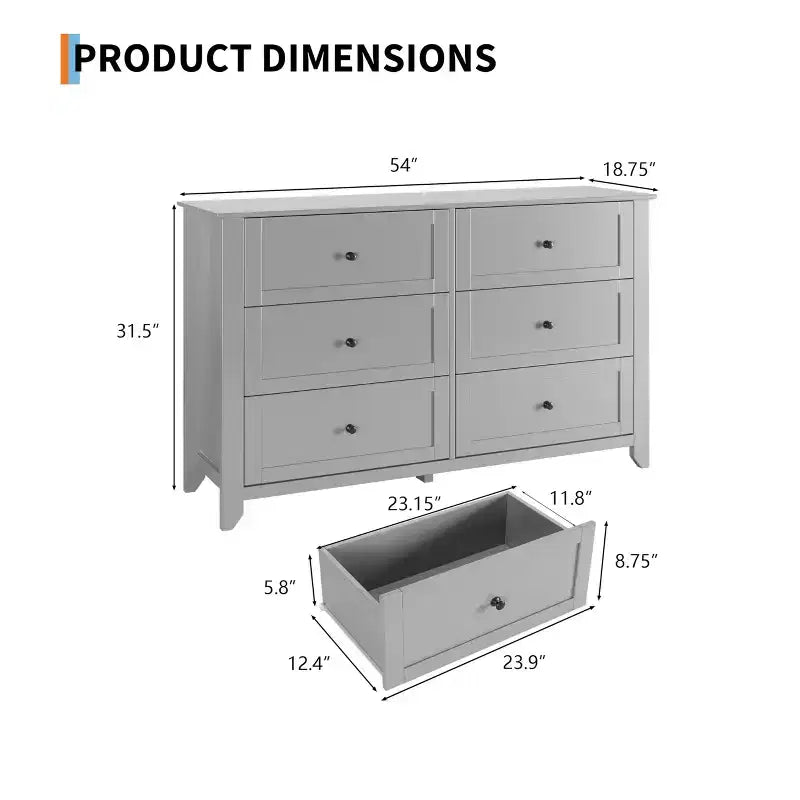 Comò a 6 cassetti per camera da letto, cassettiera in legno da 137 cm con pomelli in metallo, porta TV, organizer per vestiti per camera da letto, ingresso, nero