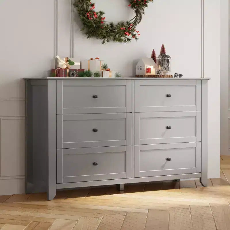 Comò a 6 cassetti per camera da letto, cassettiera in legno da 137 cm con pomelli in metallo, porta TV, organizer per vestiti per camera da letto, ingresso, nero