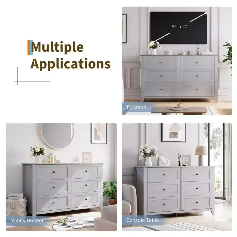 Comò a 6 cassetti per camera da letto, cassettiera in legno da 137 cm con pomelli in metallo, porta TV, organizer per vestiti per camera da letto, ingresso, nero