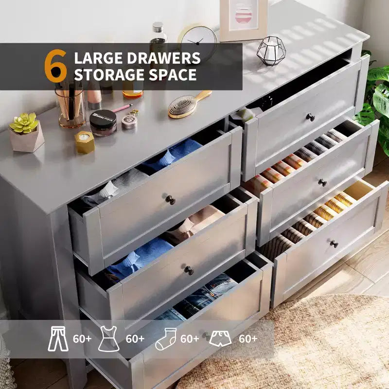 Comò a 6 cassetti per camera da letto, cassettiera in legno da 137 cm con pomelli in metallo, porta TV, organizer per vestiti per camera da letto, ingresso, nero