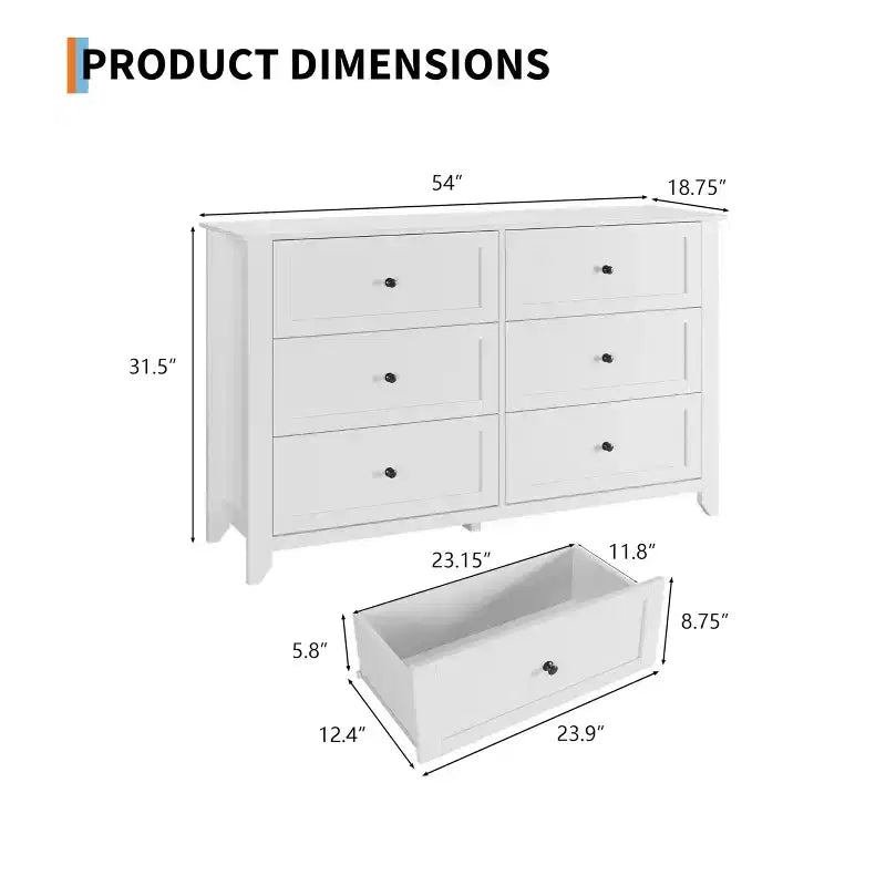 Comò a 6 cassetti per camera da letto, cassettiera in legno da 137 cm con pomelli in metallo, porta TV, organizer per vestiti per camera da letto, ingresso, nero