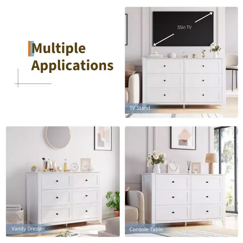 Comò a 6 cassetti per camera da letto, cassettiera in legno da 137 cm con pomelli in metallo, porta TV, organizer per vestiti per camera da letto, ingresso, nero